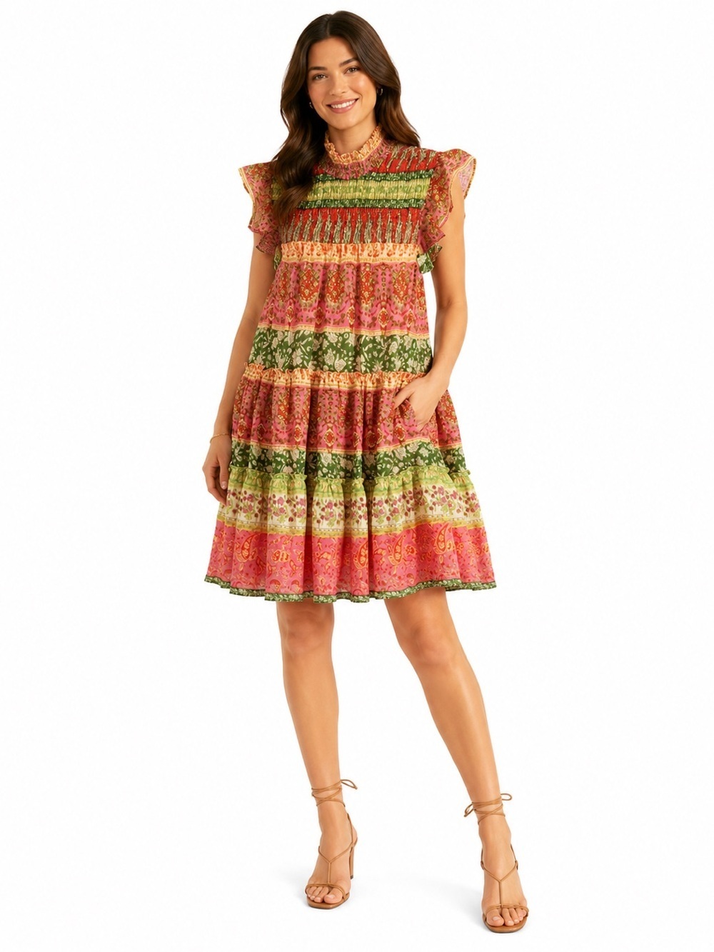 Maison Tara Anthropologie Floral Tiered Mini Dress Pink Green Smocked 8